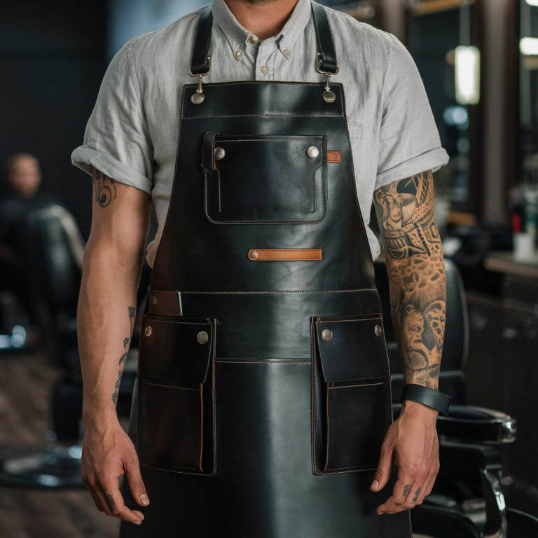 black barber leather apron with multiple pockets