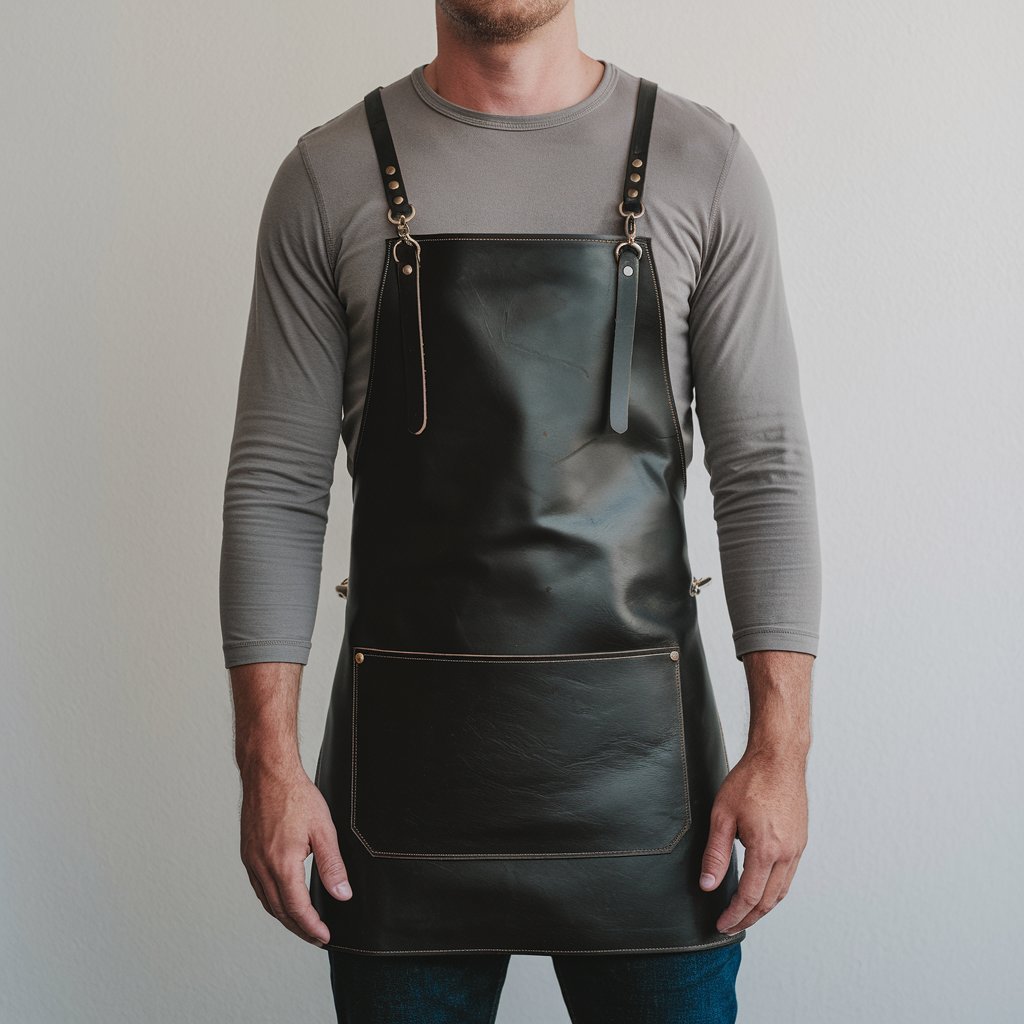 a-photo-of-a-man-wearing-a-long-sleeved-shirt-and--T15JkyqnQKmfchXSu23Ibg-Gvt2QoEhT1-2SGXhM1N08A Rowan 1 Pocket Black Crazyhorse Leather Apron - Image 1