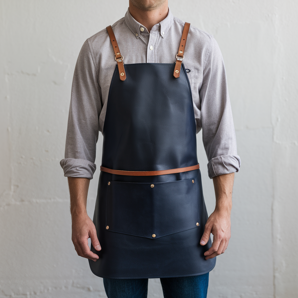 a-photo-of-a-man-wearing-a-long-sleeved-shirt-and--h4MBG5AzQfmKQKzEAkGMgQ-rwSxEUEiQ7aniljIV1NMJQ Huxley 1 Pocket Navy Cowhide Leather Apron - Image 1