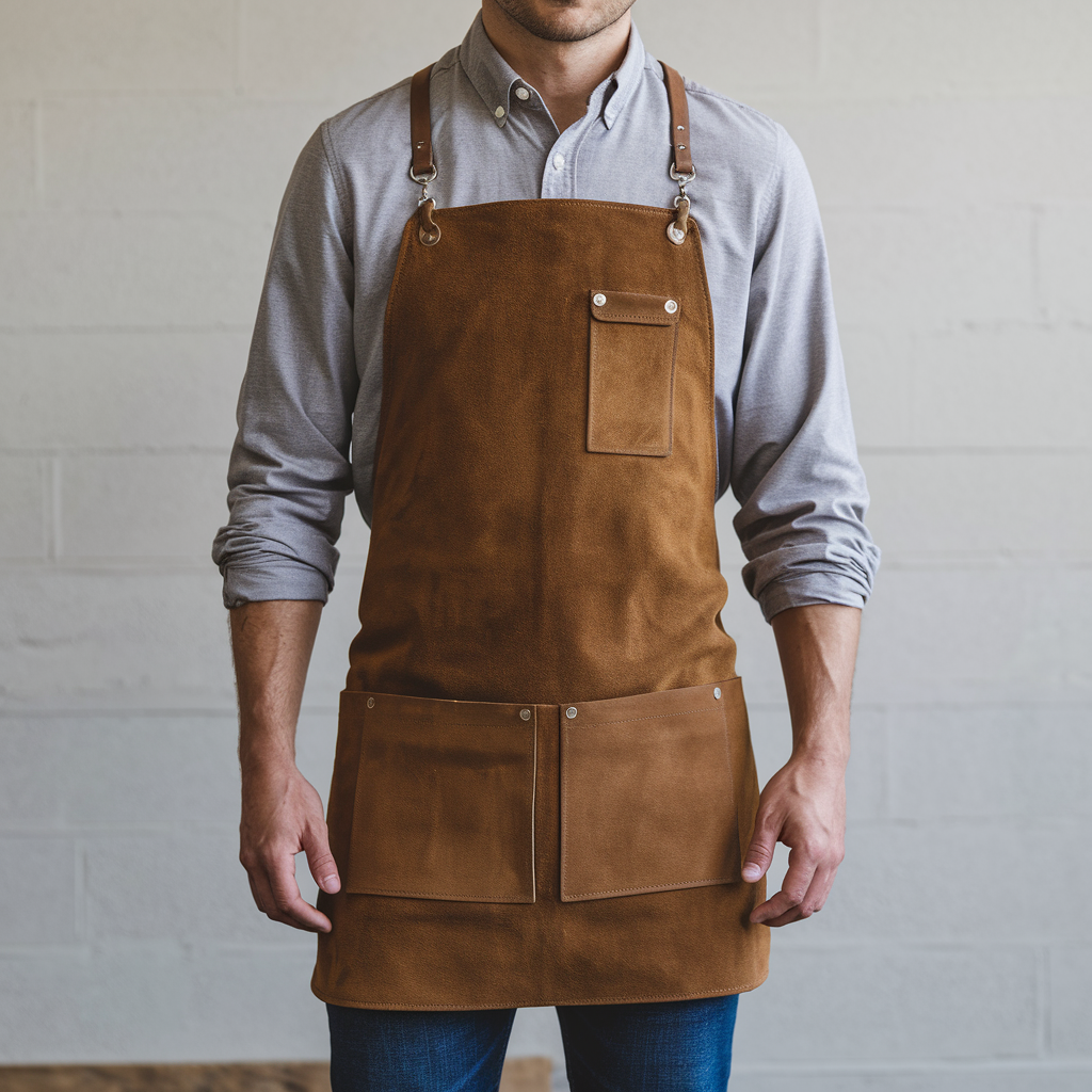 a-photo-of-a-man-wearing-a-long-sleeved-shirt-and--OpRcWGewSWKfuB54EgSofg-urh6CrGVQtiDRhQwhFbuAw Parker Vintage Brown Goatskin Suede Apron
