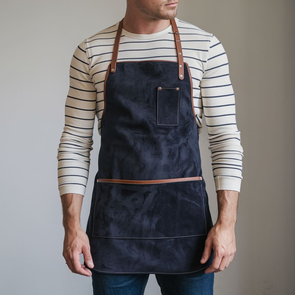 a-photo-of-a-man-wearing-a-long-sleeved-shirt-and--pUW6Hq13Q7ifw9RRMfQIdg-Ca0oybNwSCijepOWgbOt1A Holden Design Navy Goatskin Suede Apron - Image 1