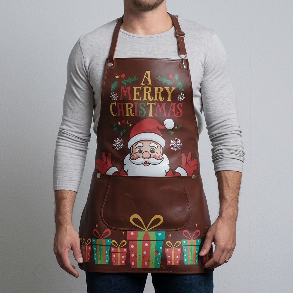 christmas collection 7 Holly Jolly Brown Crazy Horse Leather Apron - Image 1