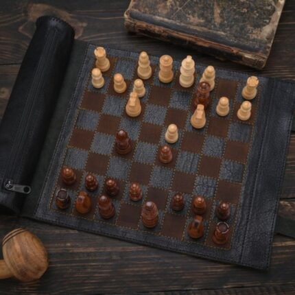 Magnetic Roll-up Leather Chess Set - Customizable Engraving Option for Travel and Gifts