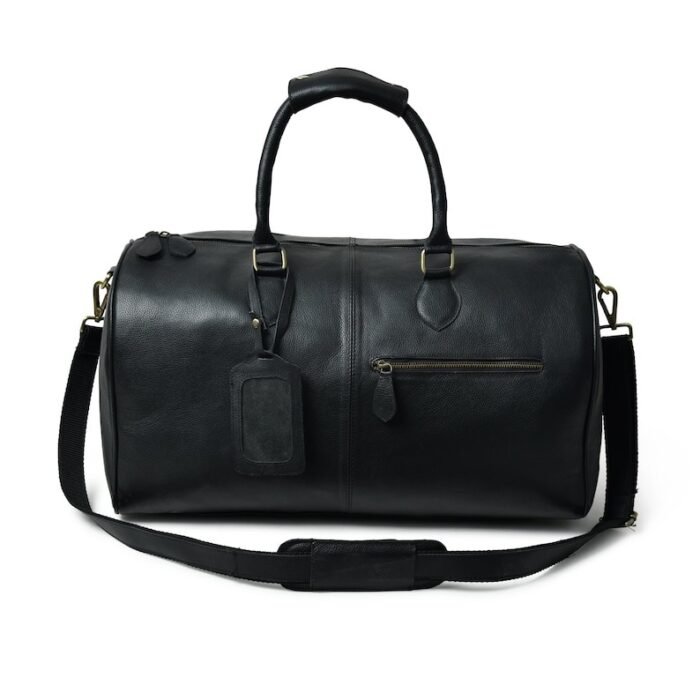 Hunter Black Leather Travel Duffle Bag-Full Grain Leather Weekender & Holdall for Men