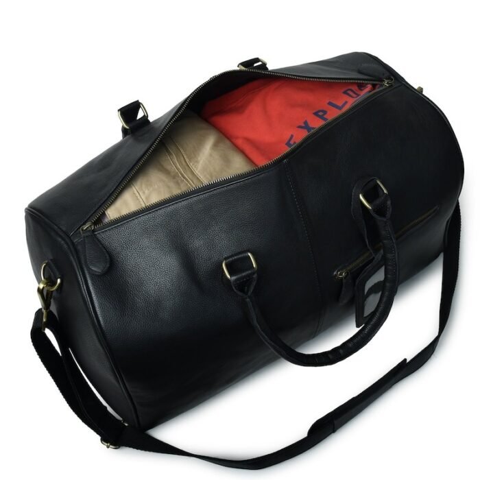 Hunter Black Leather Travel Duffle Bag-Full Grain Leather Weekender & Holdall for Men