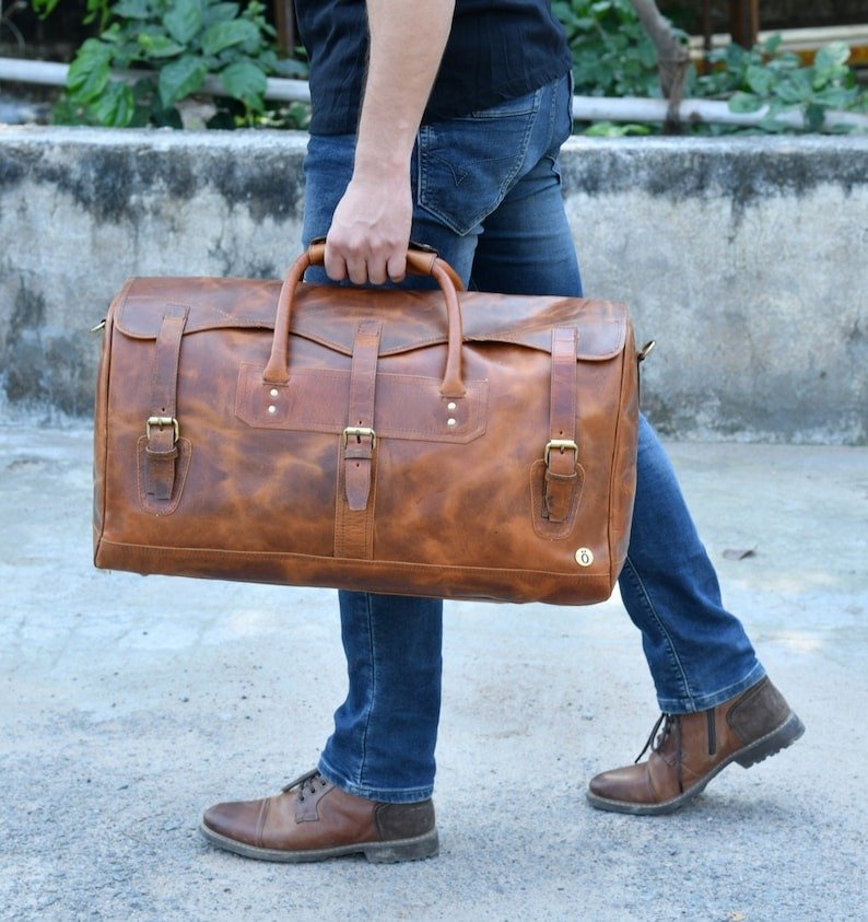 Leather travel bag for men-Handmade Brown Weekender 1 Leather travel bag for men-Handmade Brown Weekender - Image 2