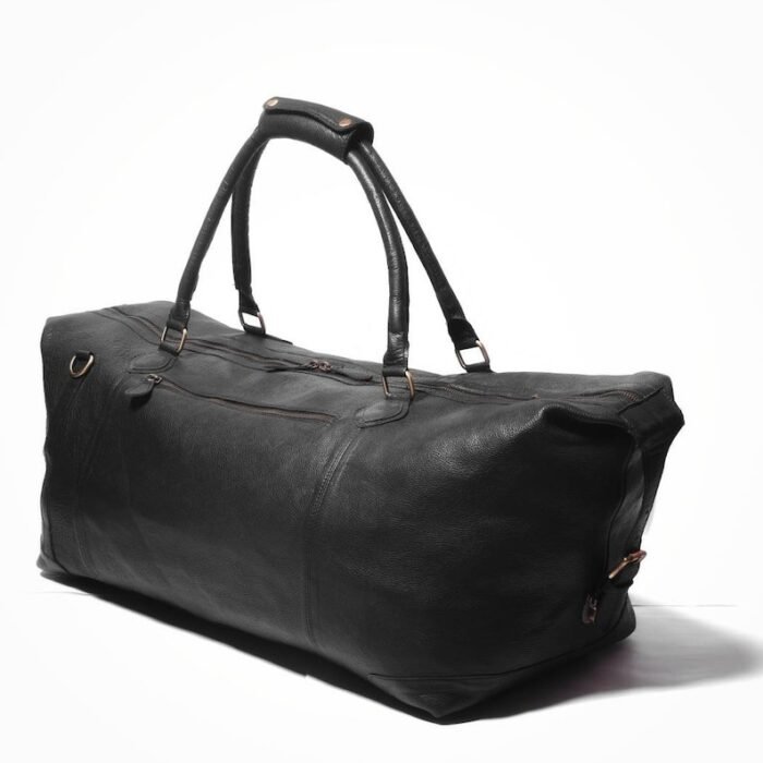 Personalized Men’s Travel Duffel Bag–Full Grain Black Leather Weekend Luggage