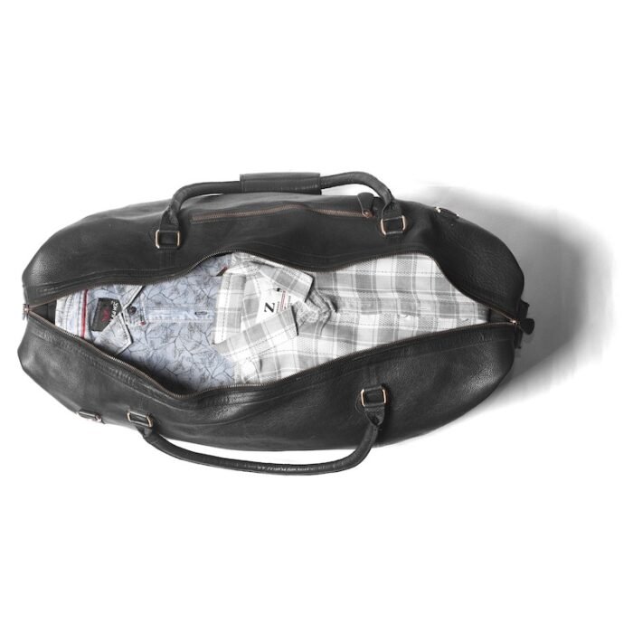 Personalized Men’s Travel Duffel Bag–Full Grain Black Leather Weekend Luggage