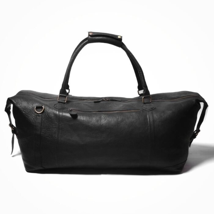 Personalized Men’s Travel Duffel Bag–Full Grain Black Leather Weekend Luggage