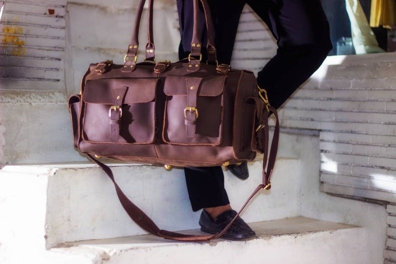 il_794xN.2363996890_lodj Full Grain Leather Bag with Personalized Initials - Brown Duffle Bag for Men