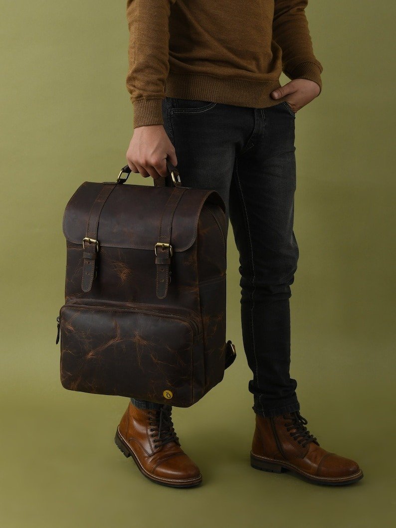 il_794xN.4502508414_q4p7 Vintage Leather Backpack - Personalized Distressed Brown Rucksack - Image 3
