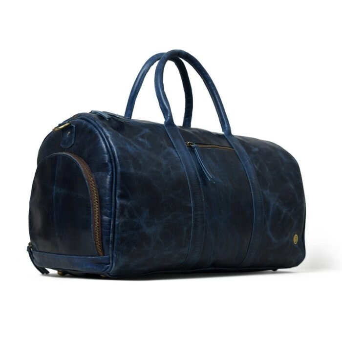 Blue Leather Duffel Bag with Shoe Compartment - Image 4