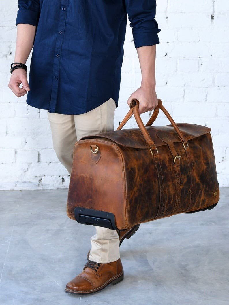 il_794xN.4699041168_mjv2 Personalized Leather Duffle Trolley Bag with Wheels | Handmade Weekender Travel Bag - Image 2