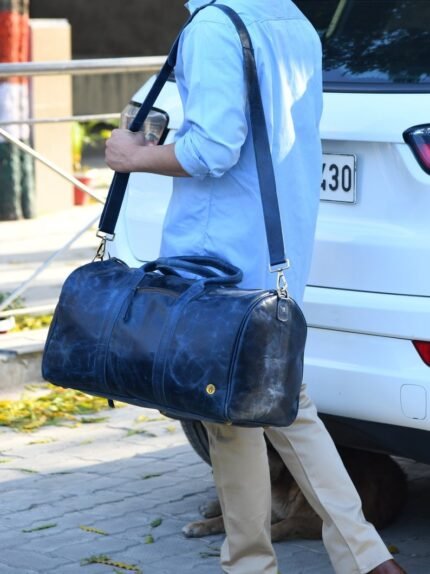 Blue Leather Duffel Bag with Shoe Compartment
