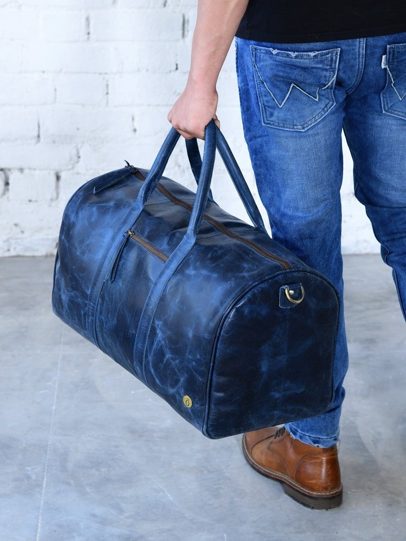il_794xN.4709516924_9ery Blue Leather Duffel Bag with Shoe Compartment - Image 2