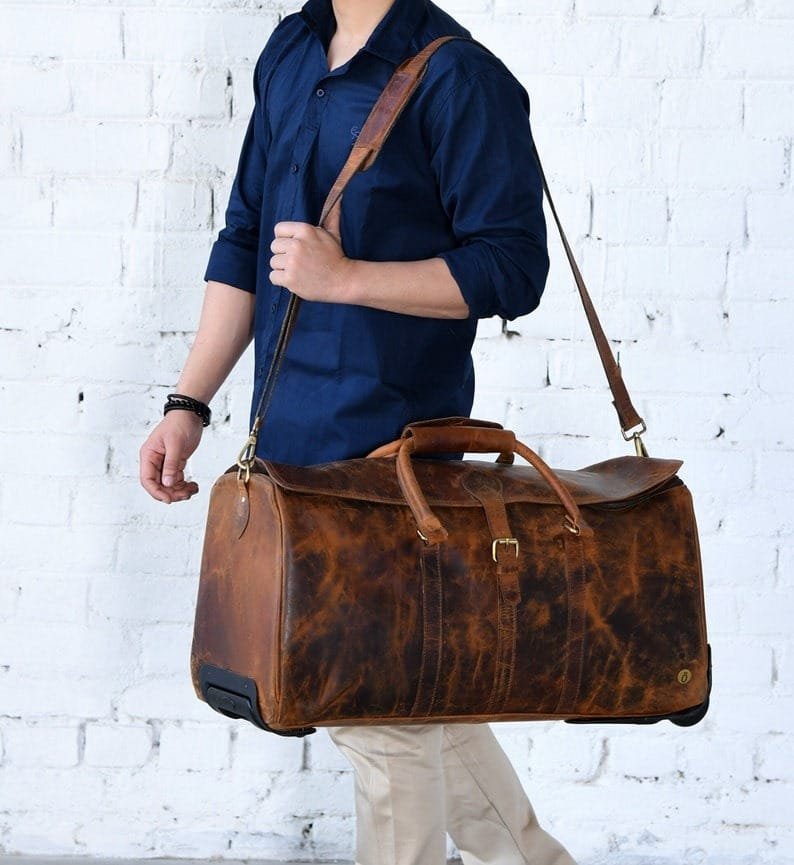 il_794xN.4747272957_eiir Personalized Leather Duffle Trolley Bag with Wheels | Handmade Weekender Travel Bag - Image 3