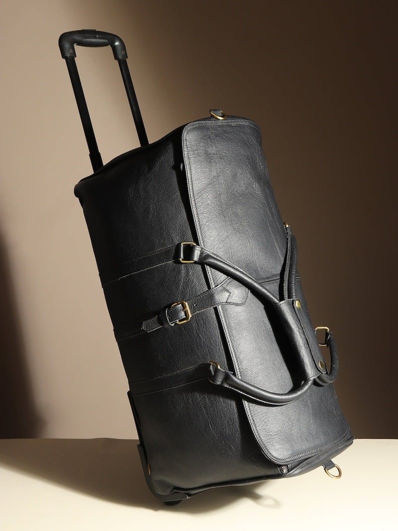 il_794xN.6251460050_9twu Personalized Black Leather Rolling Suitcase - Handmade Wheeled Duffle Bag - Image 6
