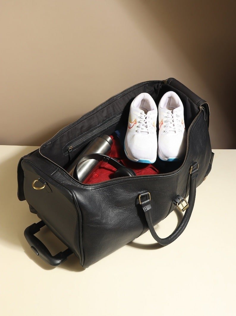 il_794xN.6251460052_4duw Personalized Black Leather Rolling Suitcase - Handmade Wheeled Duffle Bag - Image 5
