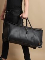 Personalized Black Leather Rolling Suitcase - Handmade Wheeled Duffle Bag - Image 2