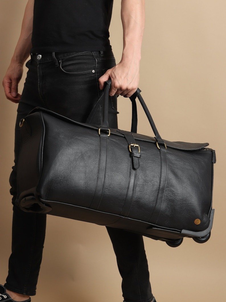 il_794xN.6251462564_dbqo Personalized Black Leather Rolling Suitcase - Handmade Wheeled Duffle Bag - Image 2