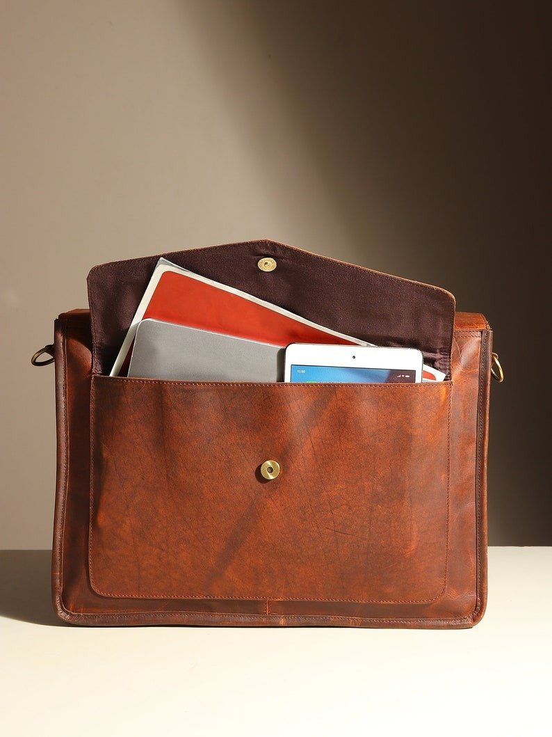 il_794xN.6266348203_jwfn Brown Leather Satchel Messenger Bag for Men – Vintage Leather Laptop Bag - Image 4