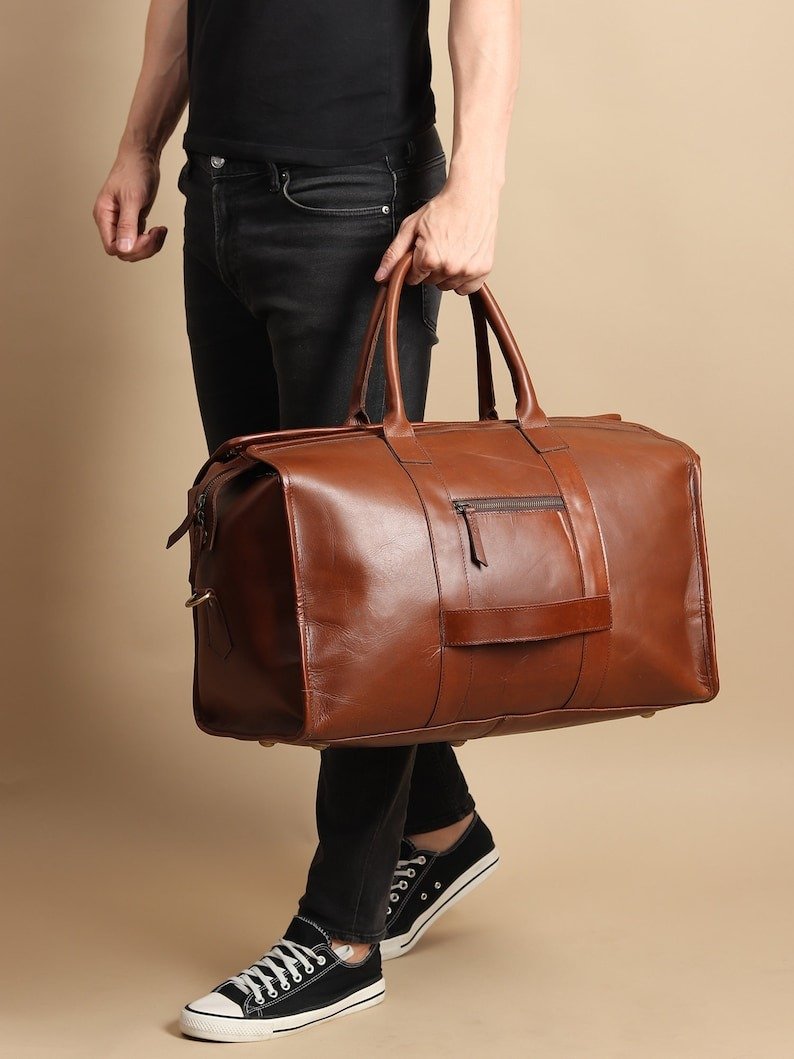 il_794xN.6293857441_303g Top-Grain Leather Weekender Bag - Retro Duffel with Adjustable Strap - Image 4