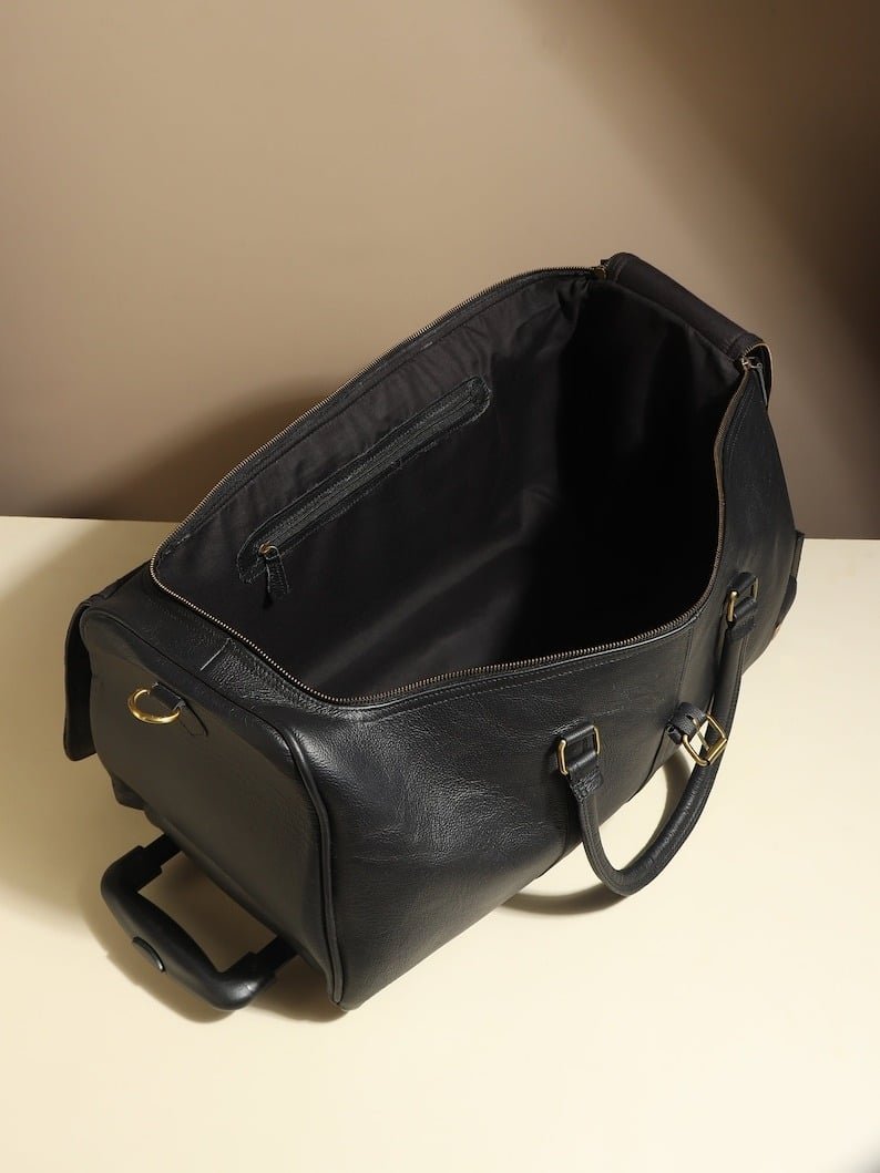 il_794xN.6299509185_9zs6 Personalized Black Leather Rolling Suitcase - Handmade Wheeled Duffle Bag - Image 4