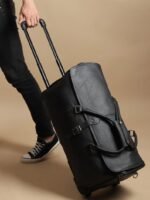 Personalized Black Leather Rolling Suitcase - Handmade Wheeled Duffle Bag