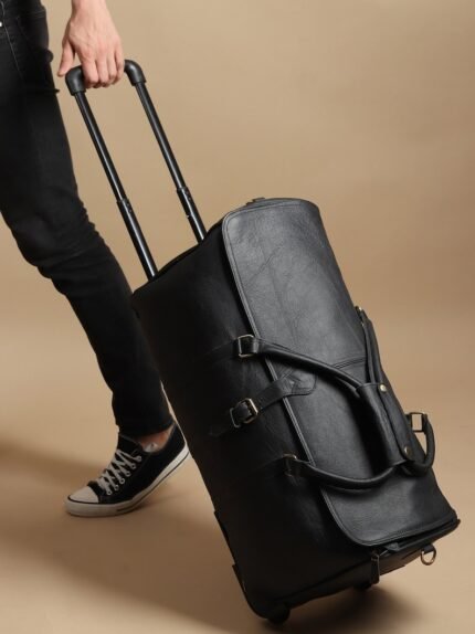 Personalized Black Leather Rolling Suitcase - Handmade Wheeled Duffle Bag