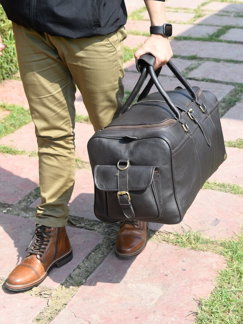 personalized. 1 Men's Leather Duffel Bag with Shoulder Strap - Image 9
