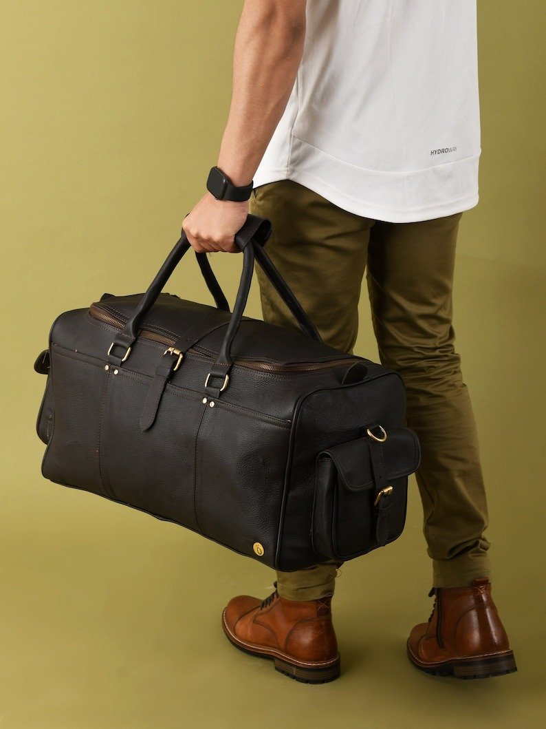 personalized Men's Leather Duffel Bag with Shoulder Strap