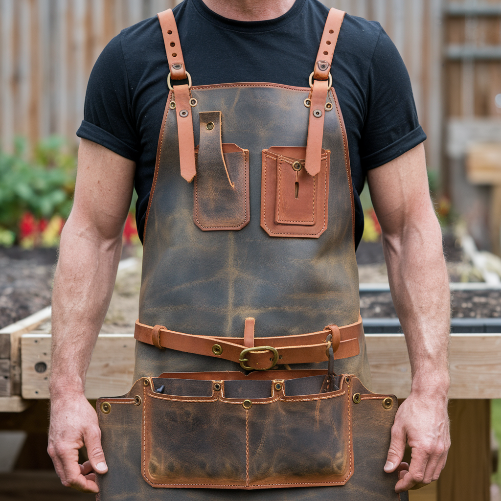 a-full-body-shot-of-an-artisan-wearing-a_CriimQmfRCqbpl7oC8Qm1w_yV2oV2eHSb6WQLbenuZumA HarvestCraft Leather Gardening Apron with Deep Pockets & Adjustable Fit - Image 1