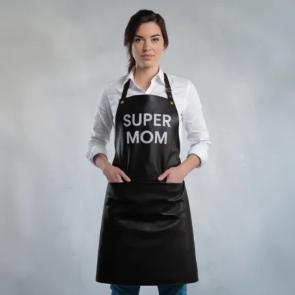 Fashion Style Super Mom Black Cowhide Leather Apron