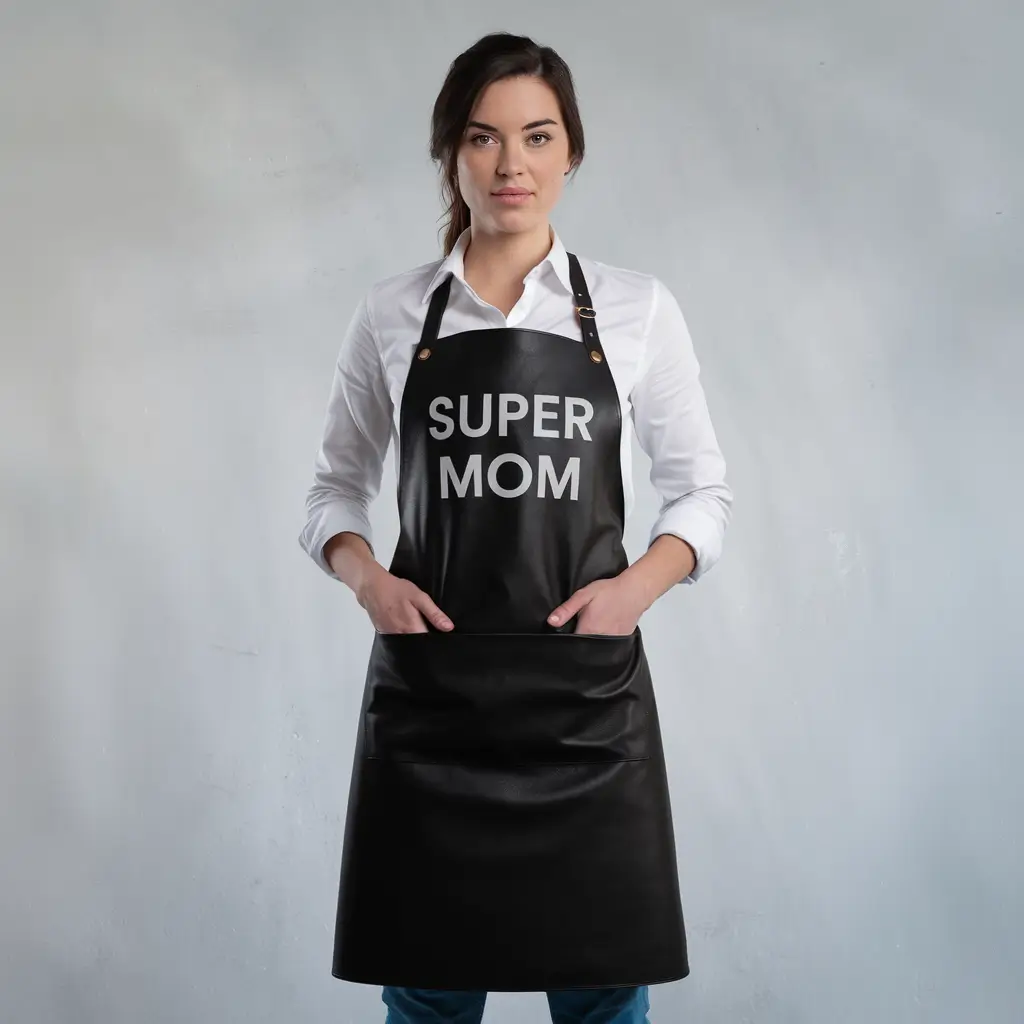Fashion Style Super Mom Black Cowhide Leather Apron Fashion Style Super Mom Black Cowhide Leather Apron