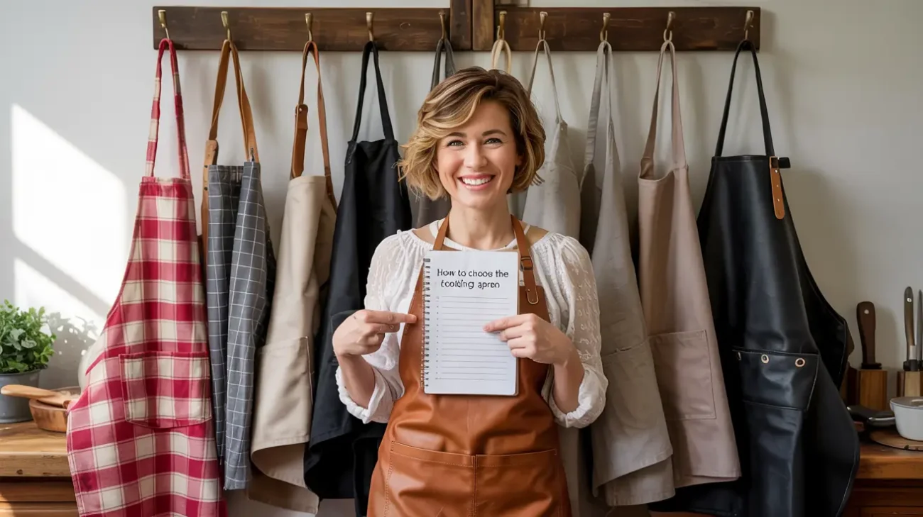 Smiling person in a kitchen wearing a brown leather apron, holding a notebook titled "How to choose the best cooking apron." Multiple aprons hang on hooks behind them.