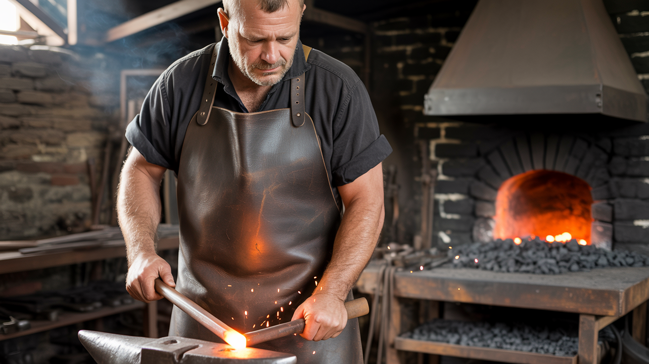 Are Leather Aprons Good for Blacksmithing? An Ultimate Guide 1 A blacksmith in a leather apron shapes hot metal on an anvil with a hammer, with a lit forge and tools visible in the background.