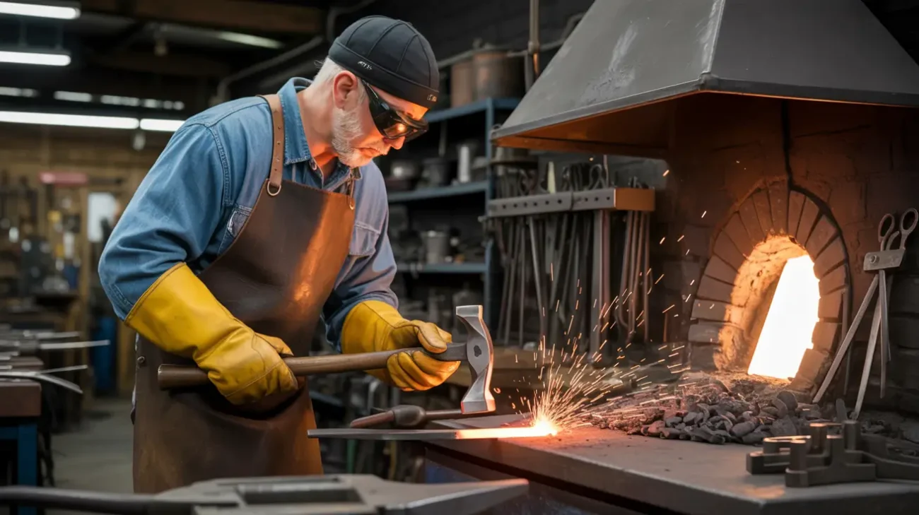 A blacksmith wearing safety gear uses a hammer to shape a heated metal piece on an anvil, with sparks flying near a lit forge in a workshop.